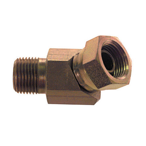 1/4 Inch x 3/8 Inch 10000 psi Zinc Plated Yellow Dichromate Carbon Steel Female Pipe Swivel To Male Pipe 45 Degree Elbow Swivel Adapter