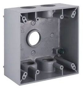 2-Gang Weatherproof Box- Five 3/4 In. Threaded Outlets- Gray