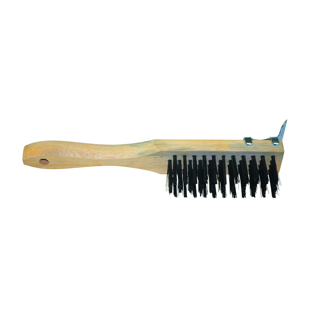 1-1/2 Inch X 11-1/2 Inch Straight Hardwood Handle Steel Bristle 4 x 11 Wire Scratch Brush With Scraper - Clearance