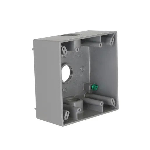 2-Gang Weatherproof Box- Three 3/4 In. Threaded Outlets- Gray