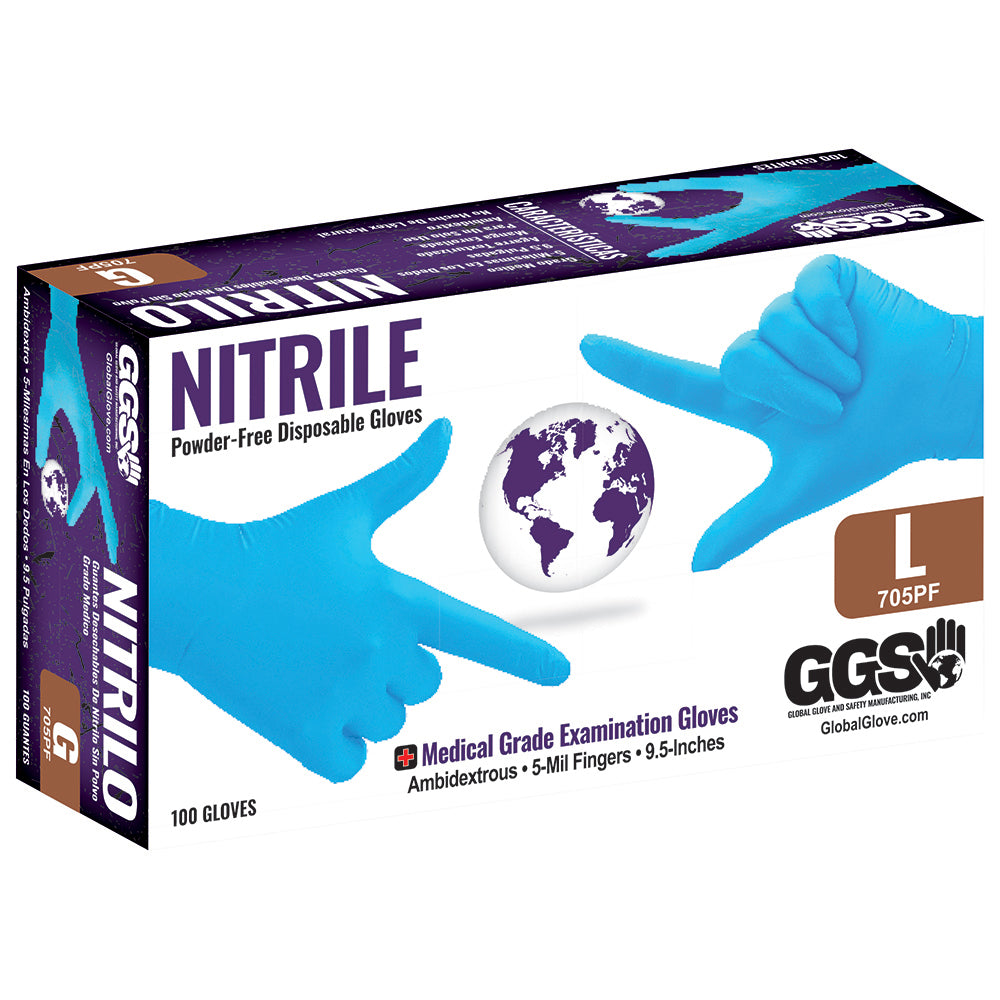 Global Glove Nitrile Powder-Free Medical Blue 5-Mil Disposable Gloves Large
