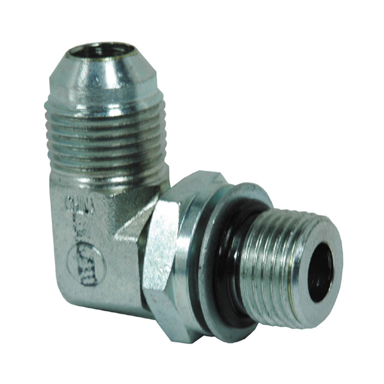 M18 x 1/2 Inch 10000 psi Zinc Plated Yellow Dichromate Carbon Steel 90 Degree Elbow-Male Jic 37 Degree To Male Metric Straight Thread O-Ring Male Boss O-Ring Adapter