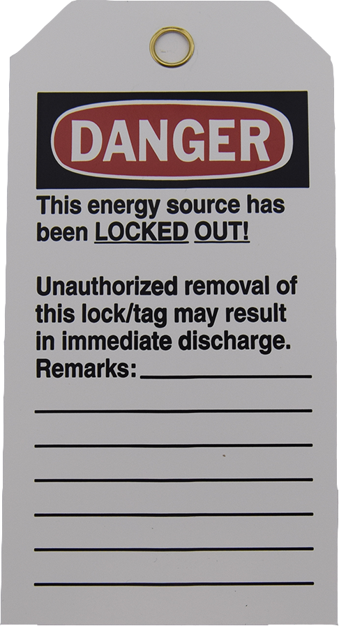 Two-Sided Tag- Warnings & Graphics Both Sides- Lines For Additional- 3/8" Eyelet Accepts Most Locks 3" W X 5-3/4" H
