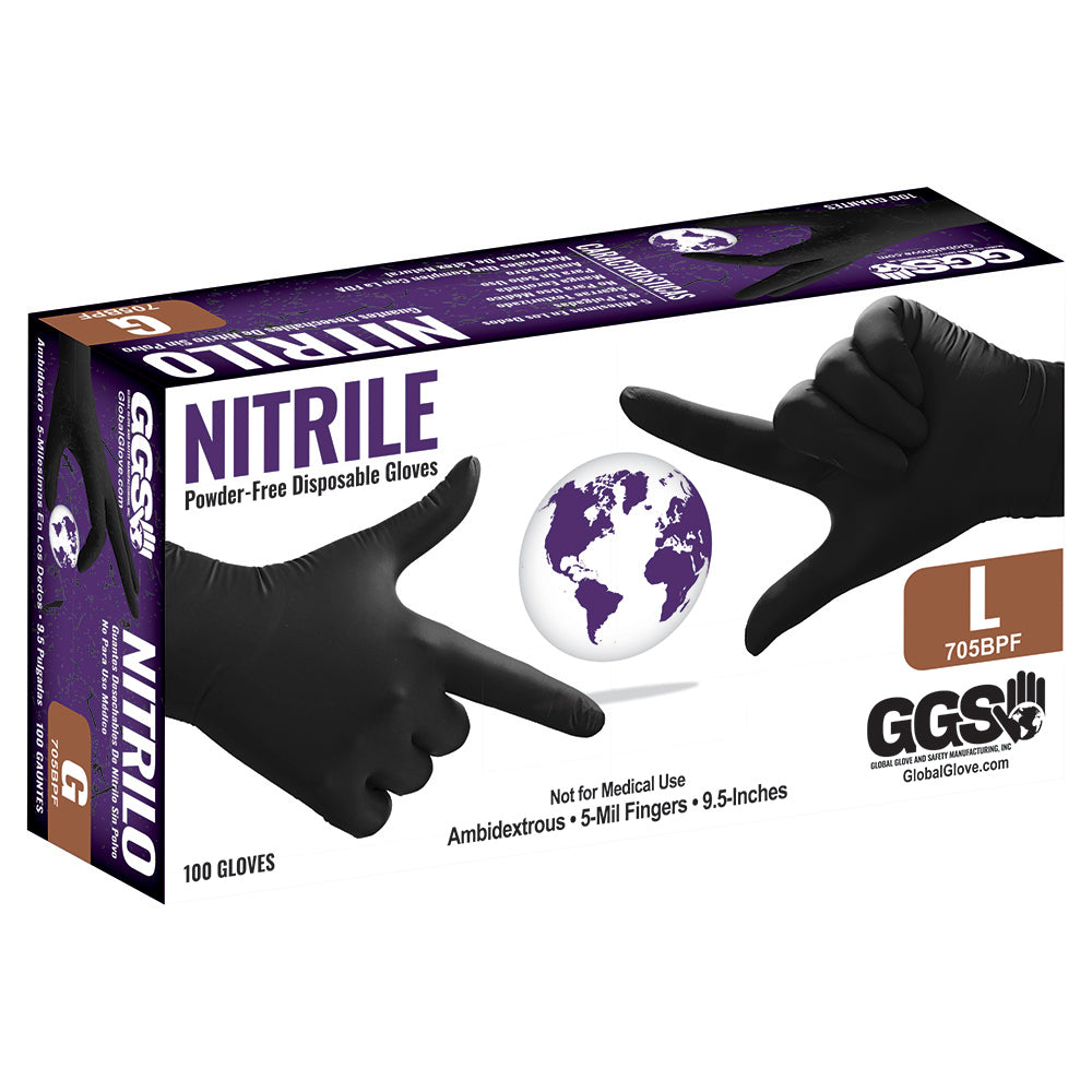 Global Glove Nitrile Powder-Free Industrial Black 5-Mil Disposable Gloves Medium