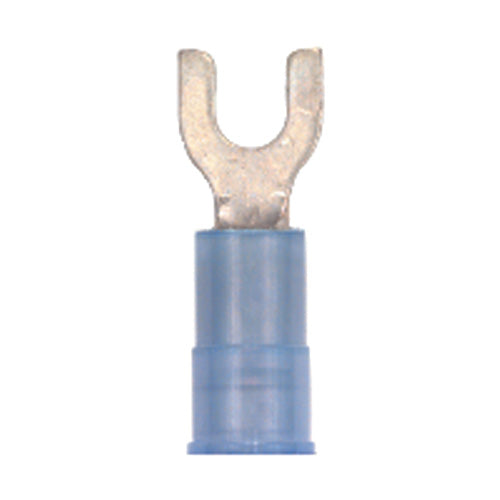 16-14 Gauge Flanged Fork Spade Terminal #10 Stud Nylon Insulated Blue