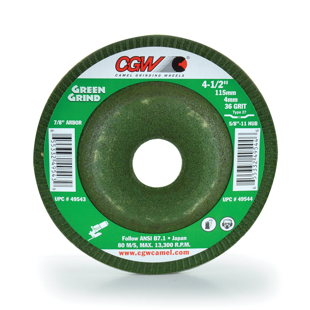 4-1/2 Inch x 5/32 Inch x 7/8 Inch 36 (Medium) Grit Green Aluminum Oxide Type 27 Bench Grinding Wheel