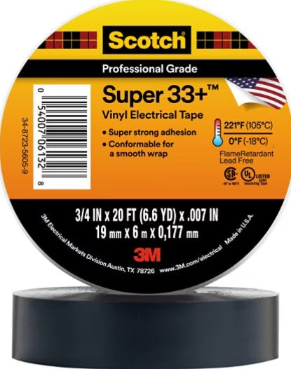 3/4 Inch x 20 ft 3M Scotch Super 33+™ Electrical Tape Black Pvc