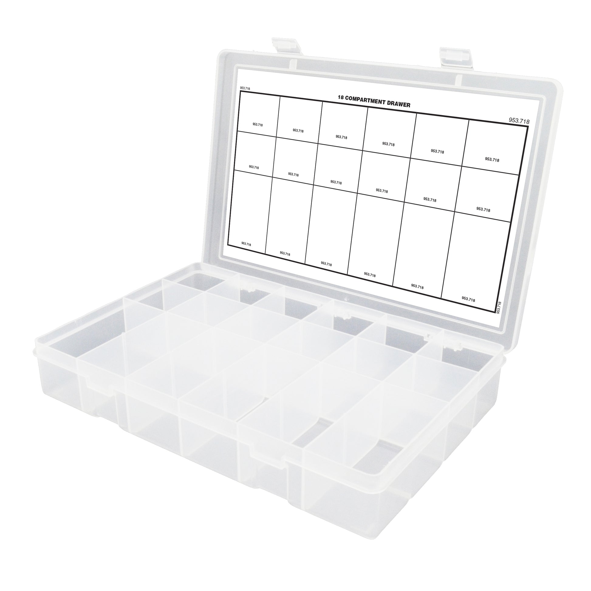 18 Compartment 13-1/8 Inch x 2-5/16 Inch x 9 Inch Clear Polypropylene Box