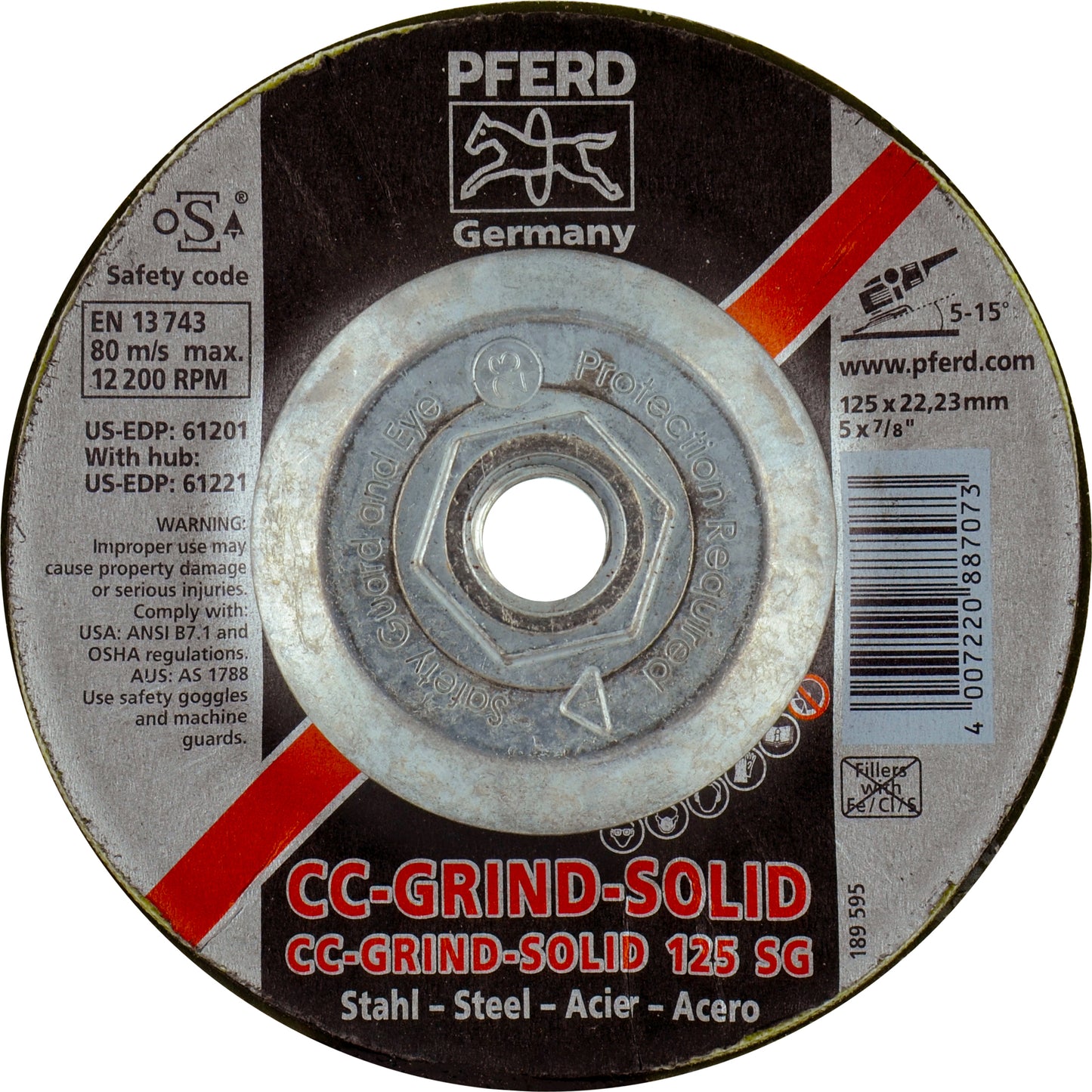7 Inch x 7/8 Inch Arbor Pferd CC-Grind Solid Grinding Disc For Use on Steel