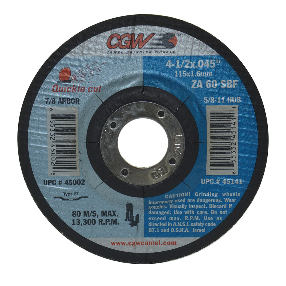 4-1/2 Inch x .045 Inch x 7/8 Inch ZA60-S-BF Quickie Cut™ Thin Reinforced Cut-Off Wheels Type 27