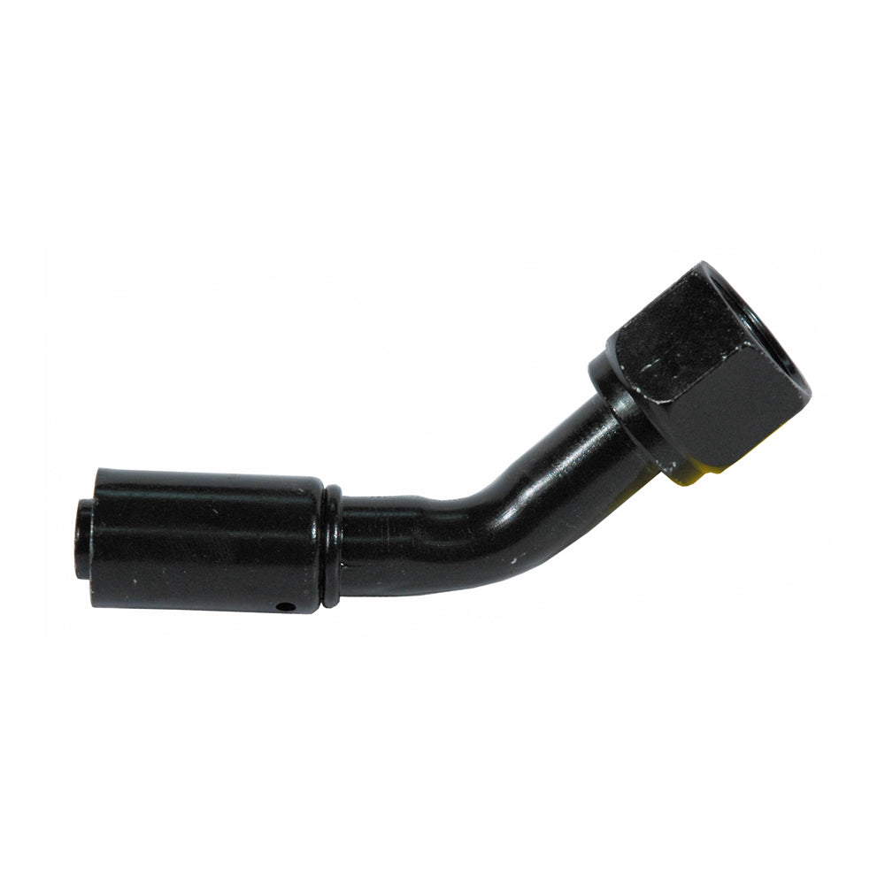 3/8 Inch x 5/16 Inch Carbon Steel 757E Series Coll-O-Crimp Bumped Tube O-Ring Female Swivel 45 Degree Tube Elbow