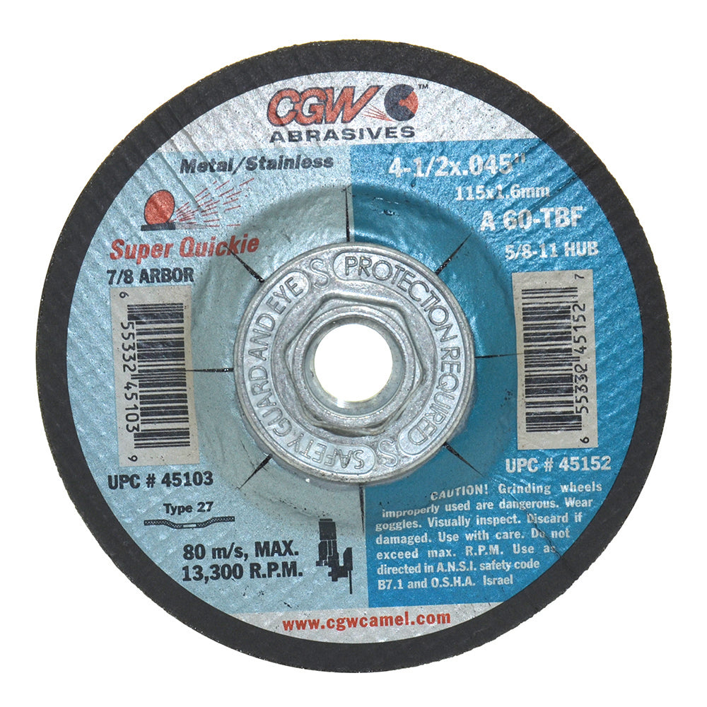 4-1/2 Inch x .045 Inch x 5/8-11 Inch A60-T-BF Super Quickie Cut™ Reinforced Cut-Off Wheel Type 27