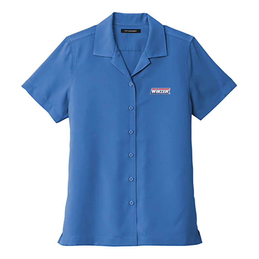 Women's Large Blue Button Up Camp Shirt with Winzer Embroidered Logo