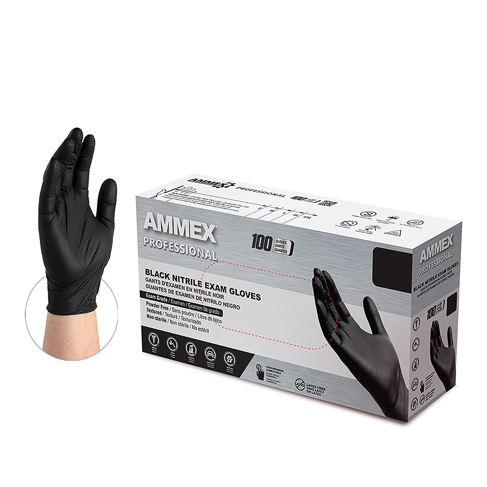 AMMEX Professional Black Nitrile Powder Free Exam Gloves 3 MIL - Large - 100 Gloves Per Box