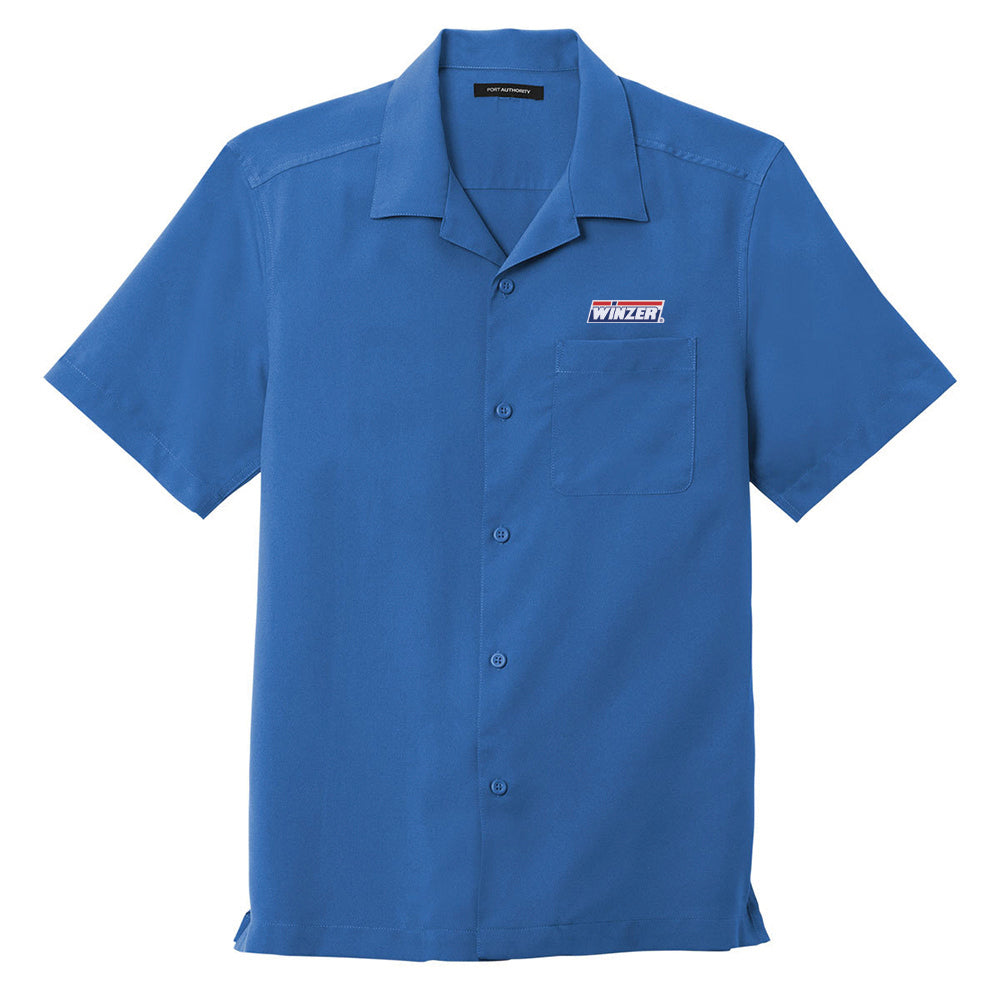 Women's Blue Button up Camp Shirt With Winzer Embroidered Logo