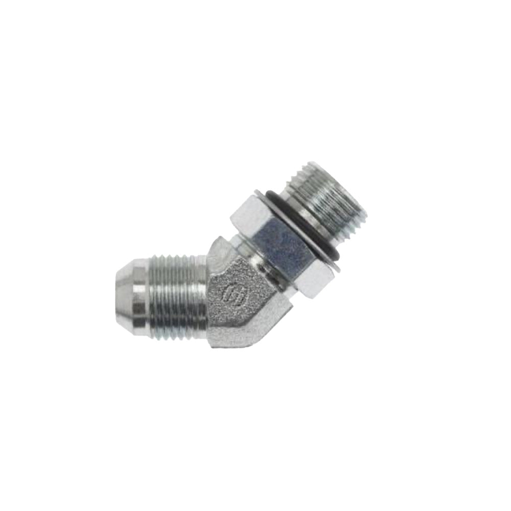 5/8 Inch x 1/2 Inch 5000 psi Zinc Plated Yellow Dichromate Carbon Steel Male Boss O-Ring 45 Degree Elbow To Male Jic 37 Degree Male Boss O-Ring Adapter