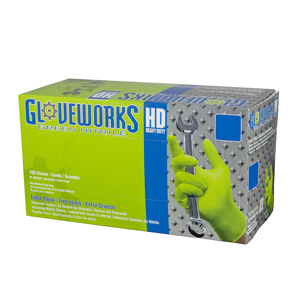 Ammex Gloveworks Heavy-Duty Green Powder-Free Nitrile Disposable Gloves - Large - Box of 100