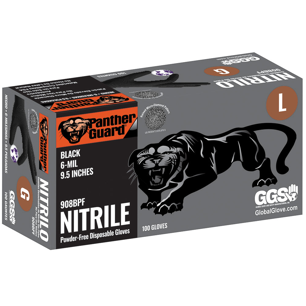 Global Glove Panther-Guard Nitrile Powder-Free Industrial Micro-Diamond Black 6-Mil Disposable Gloves Large