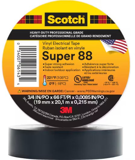 3/4 Inch x 66 ft 3M Scotch Super 88 Black Vinyl Electrical Tape