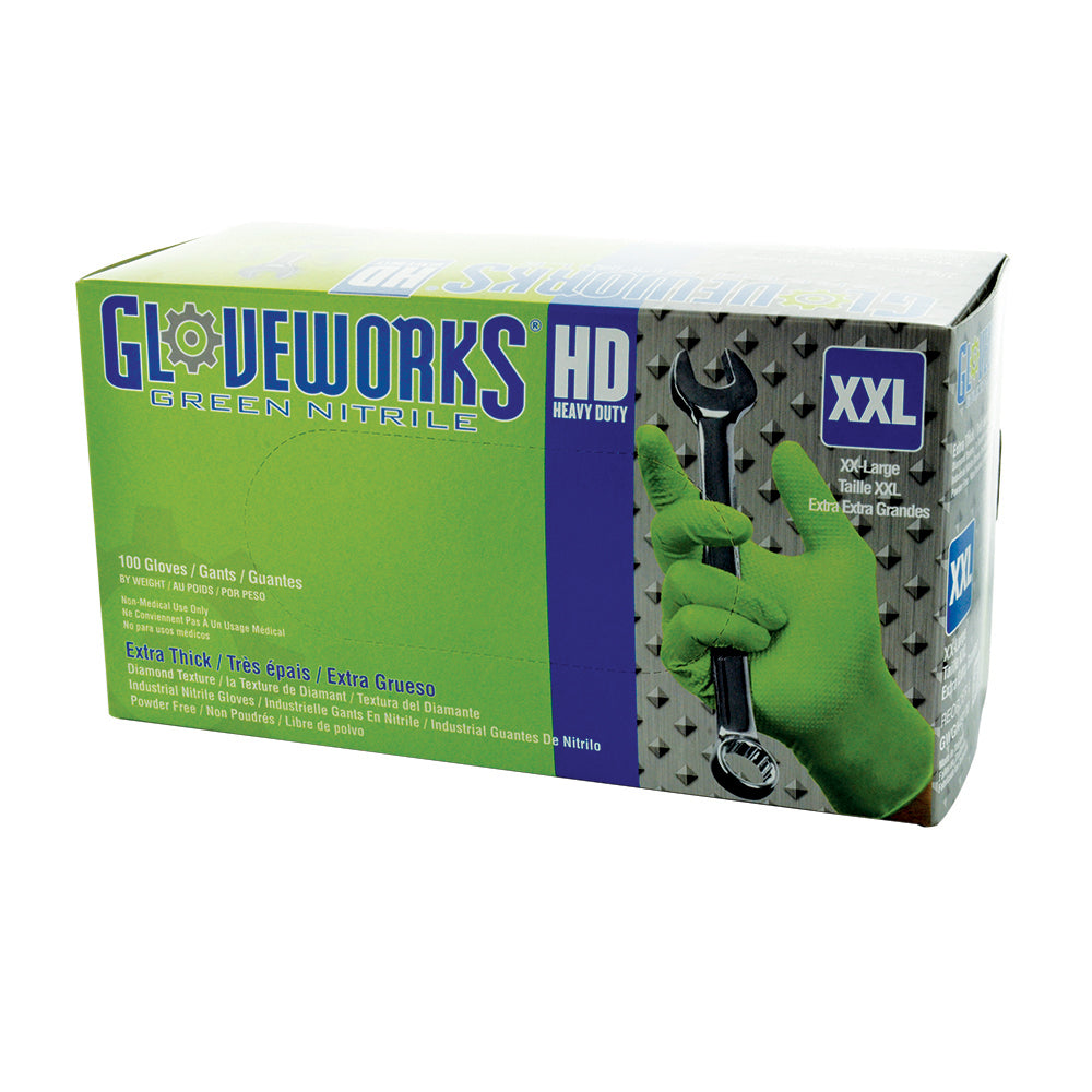 Ammex Gloveworks Heavy-Duty Green Powder-Free Nitrile Disposable Gloves - Large - Box of 100