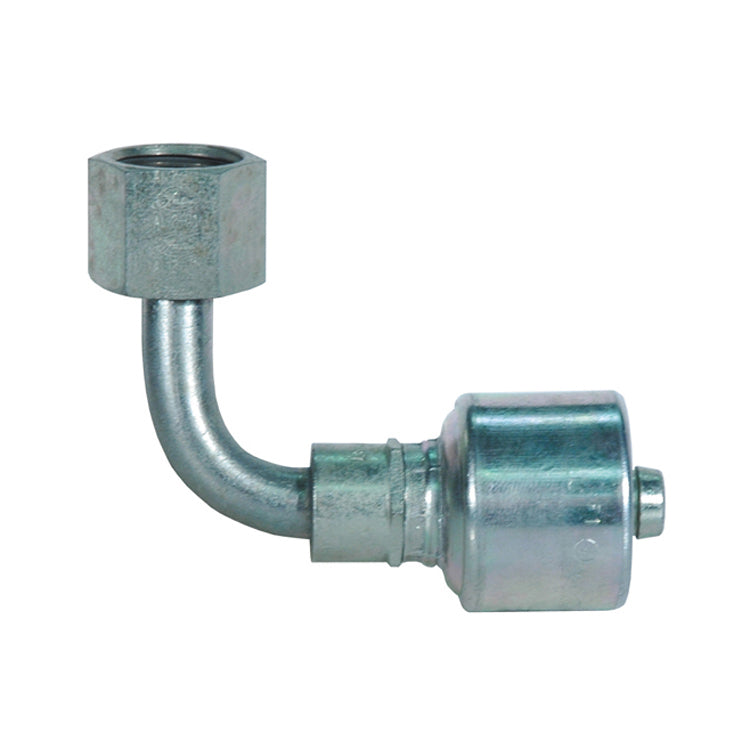 3/8 Inch X 1/2 Inch Mega Crimp Female Flat Face O-Ring Swivel 90-Degree Elbow Medium Drop
