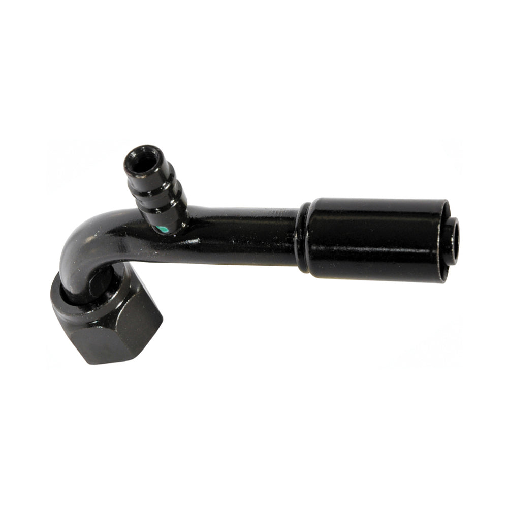 5/8 Inch x 1/2 Inch Carbon Steel 757E Series Coll-O-Crimp Bumped Tube O-Ring Female Swivel 90 Degree Tube Elbow With R134A Service Port
