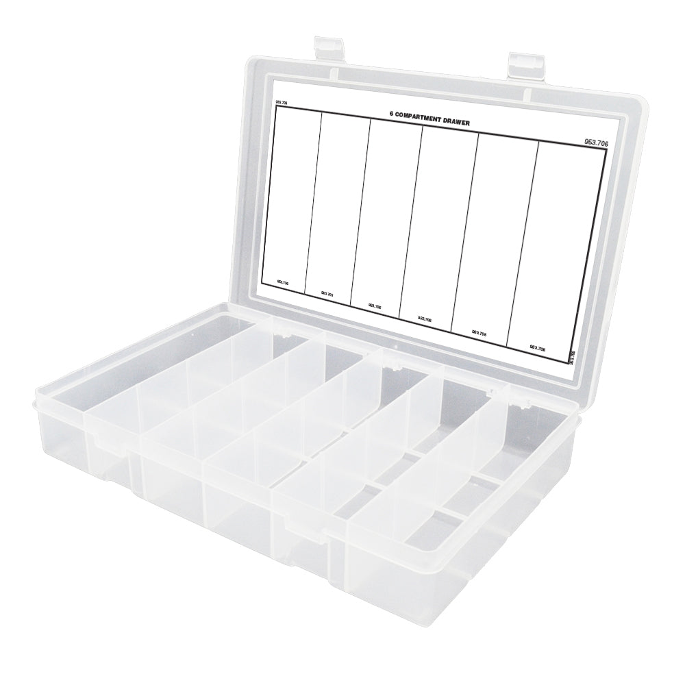 6 Compartment 13-1/8 Inch x 2-5/16 Inch x 9 Inch Clear Polypropylene Box