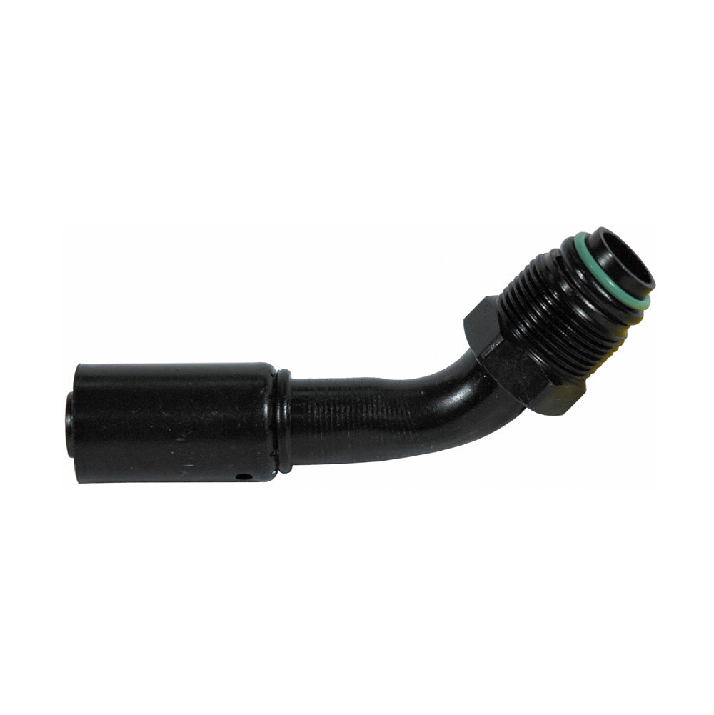 3/8 Inch x 5/16 Inch Carbon Steel 757E Series Coll-O-Crimp Bumped Tube O-Ring Male Swivel 45 Degree Tube Elbow