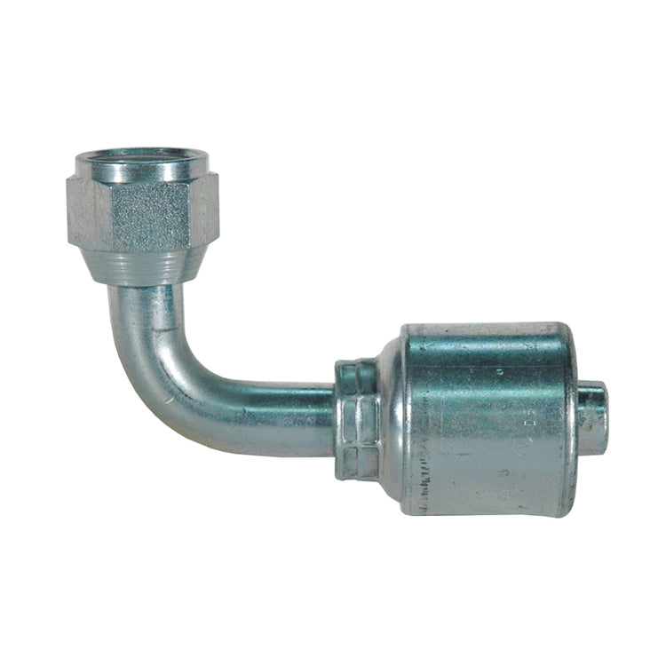 1/2 Inch x 1/2 Inch Female JIC 37 Degree Flare Swivel - 90 Degree Bent Tube Tuffcoat Lead Free MegaCrimp Coupling