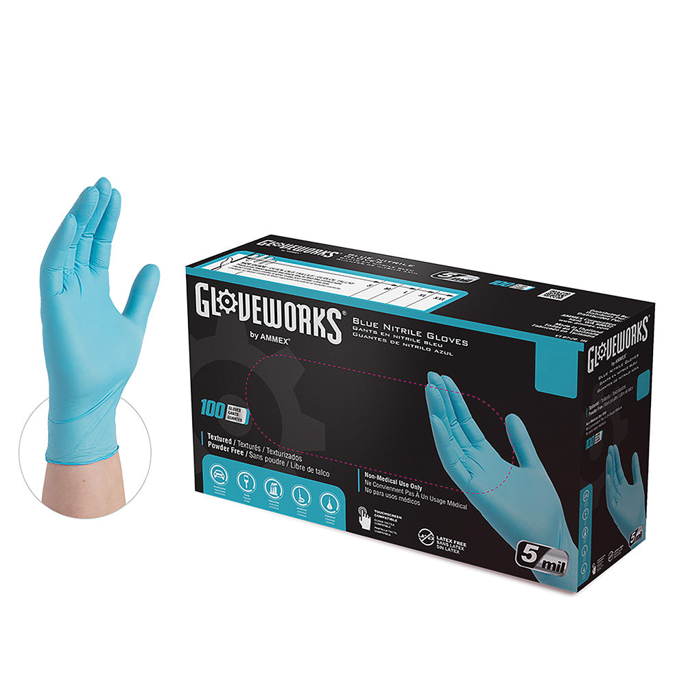 Ammex Large 5 Mil Palm 6 Mil Fingertip Blue Textured Nitrile Powder Free Gloveworks® Premium Industrial Glove - 100 Per Box