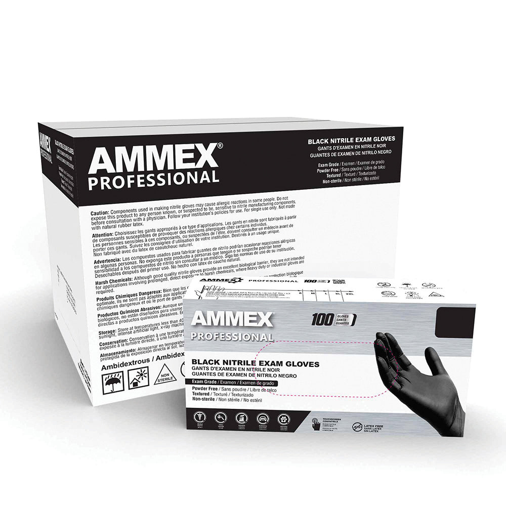 Ammex Black Powder-Free Nitrile Exam Gloves - Medium