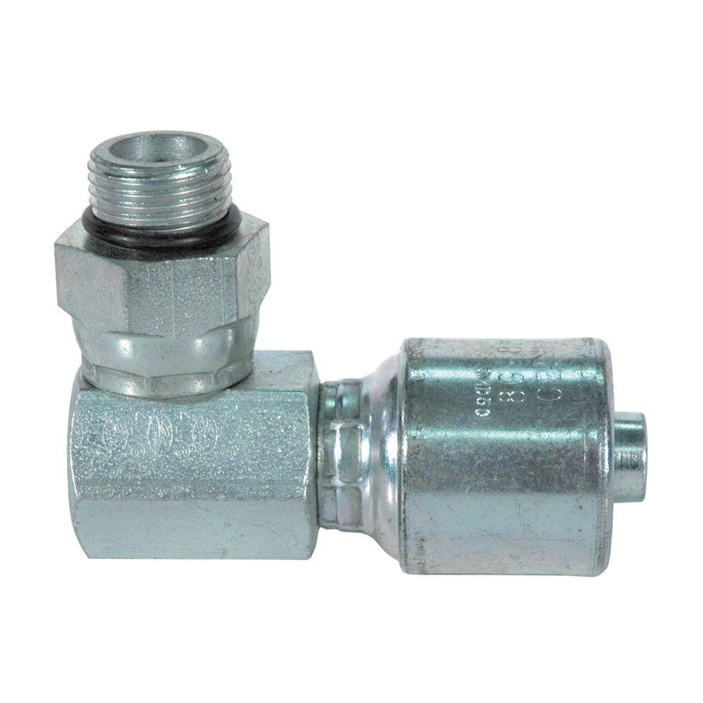 3/8 Inch x 3/8 Inch Male O-Ring Boss Swivel - 90 Degree Bent Tube Tuffcoat Lead Free MegaCrimp Coupling