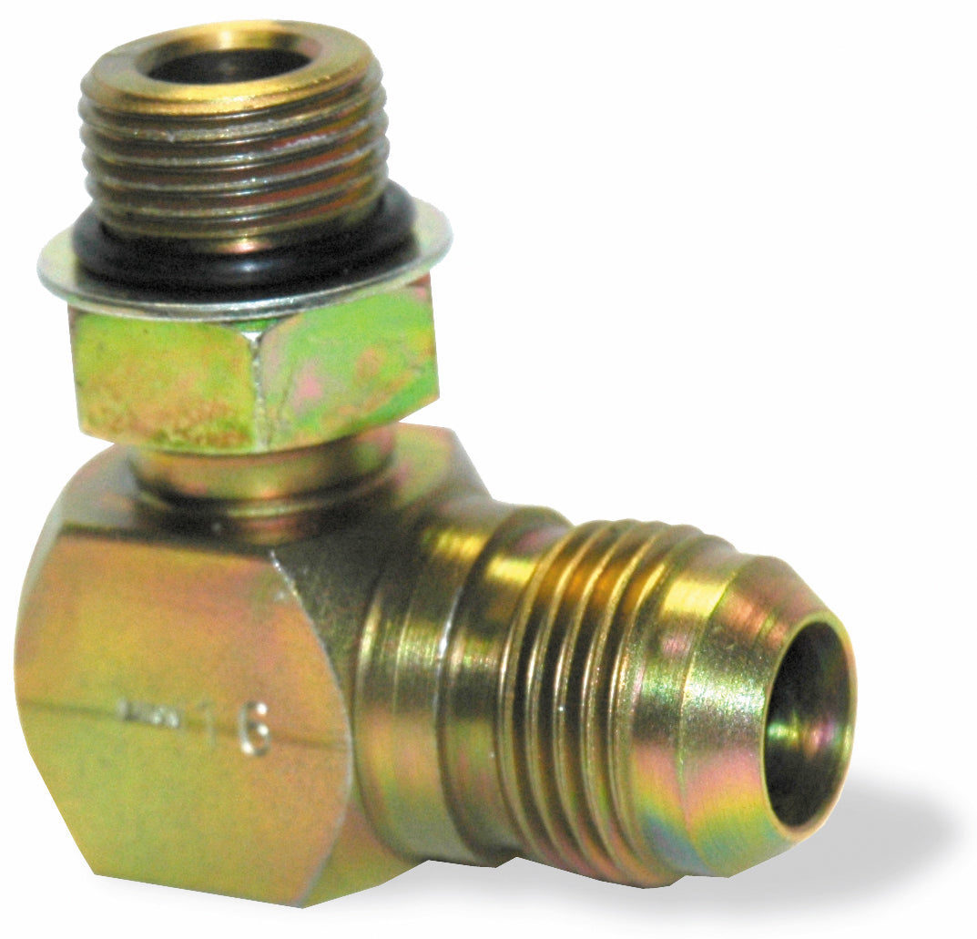 3/8 Inch x 1/4 Inch 6000 psi Zinc Plated Yellow Dichromate Carbon Steel Male Boss O-Ring 90 Degree Elbow To Male Jic 37 Degree Male Boss O-Ring Adapter