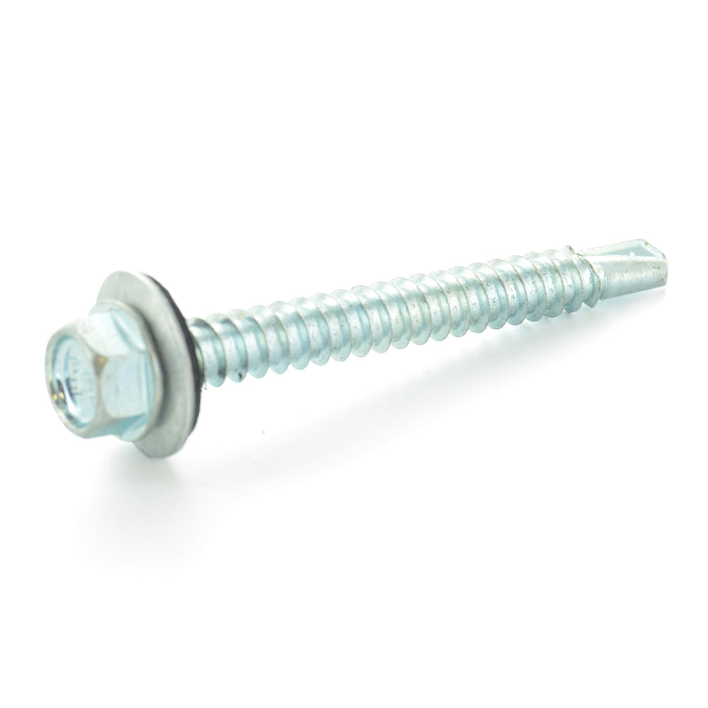 #10-16 x 1-1/2 Inch Zinc Plated Steel #3 Point Indented Hex Washer Head Self-Drilling Tek Screw With Bonded Neoprene Washer