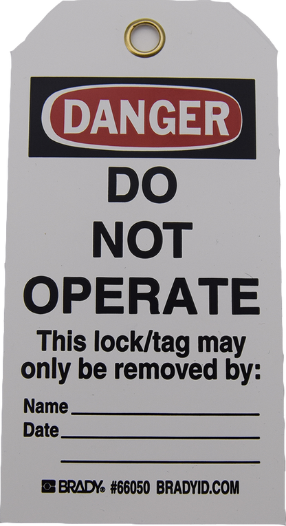 Two-Sided Tag- Warnings & Graphics Both Sides- Lines For Additional- 3/8" Eyelet Accepts Most Locks 3" W X 5-3/4" H