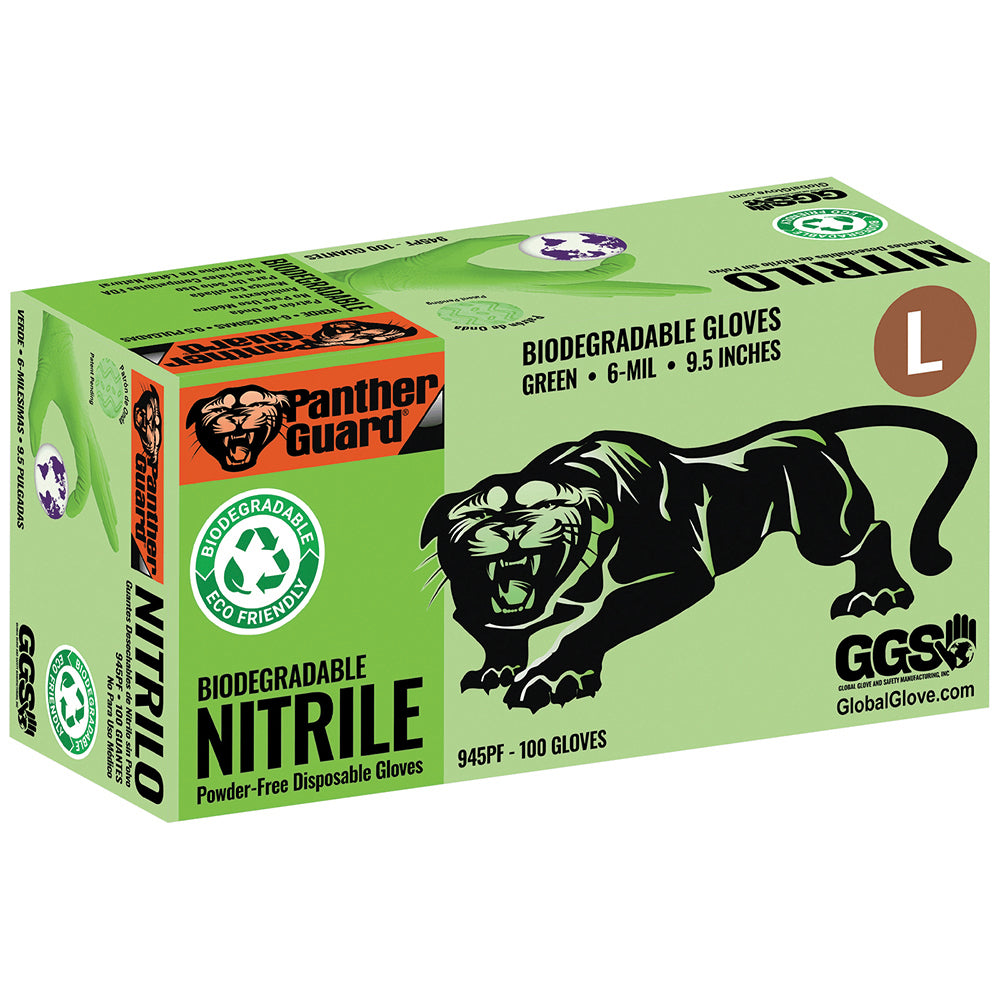 Global Glove Panther-Guard Bio-D Nitrile Powder-Free Industrial Green 6-Mil Wave Texture Disposable Gloves Large
