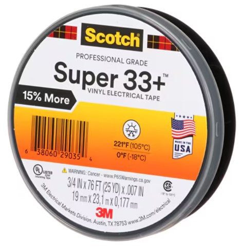 3/4 Inch x 66 ft 3M Scotch Super 33+™ Electrical Tape Black Pvc