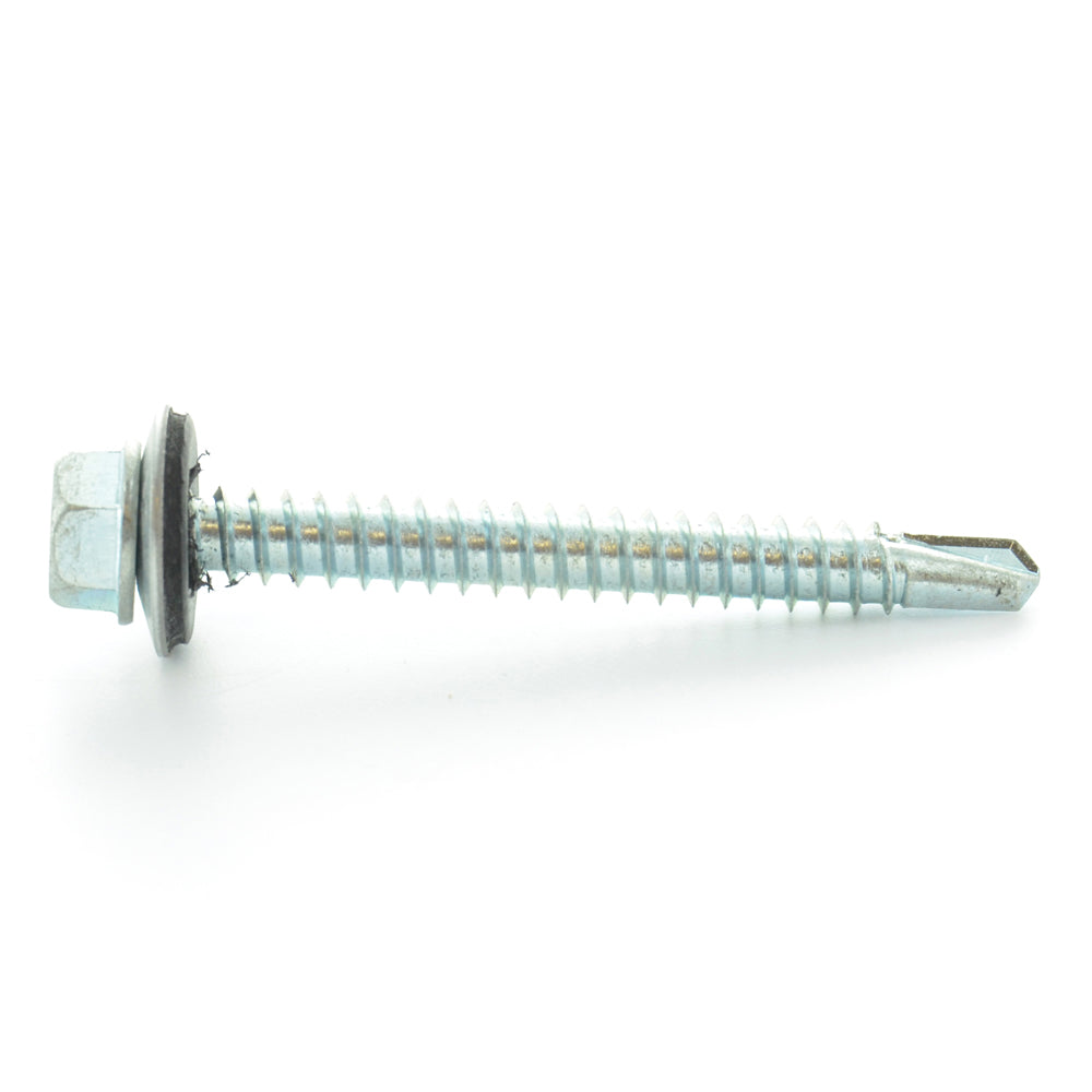 #12-14 x 3/4 Inch Zinc Plated Steel #3 Point Indented Hex Washer Head Self-Drilling Tek Screw With Bonded Neoprene Washer