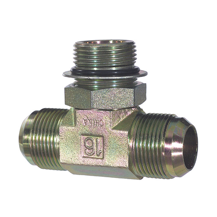 1/2 Inch 10000 psi Zinc Plated Yellow Dichromate Carbon Steel Male Boss O-Ring Branch Tee To Male Jic 37 Degree Male Boss O-Ring Adapter